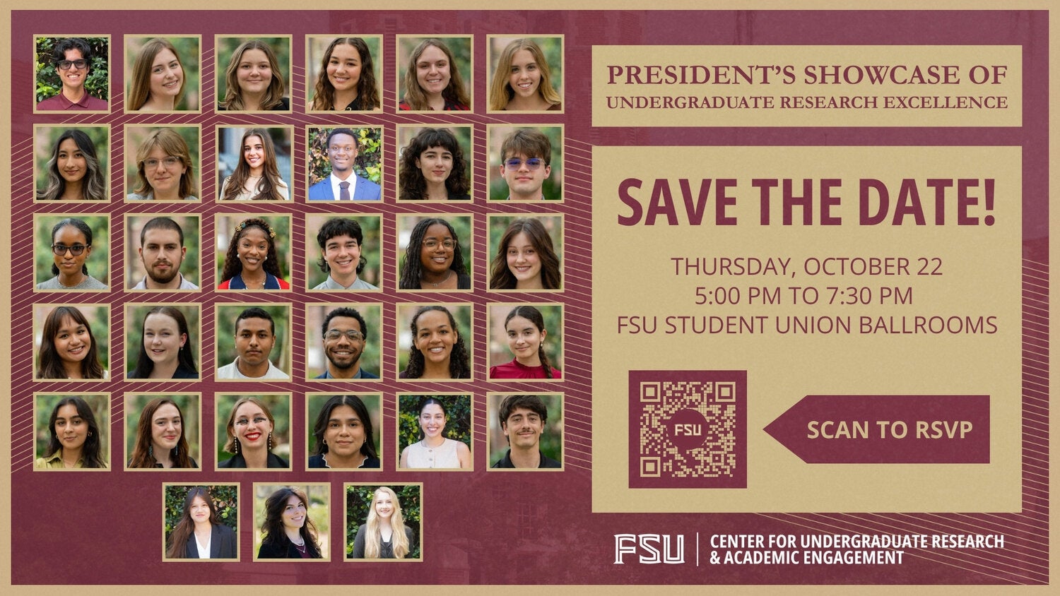 Save the date. President's Showcase of Undergraduate Research Excellence is Thursday, October 22.
