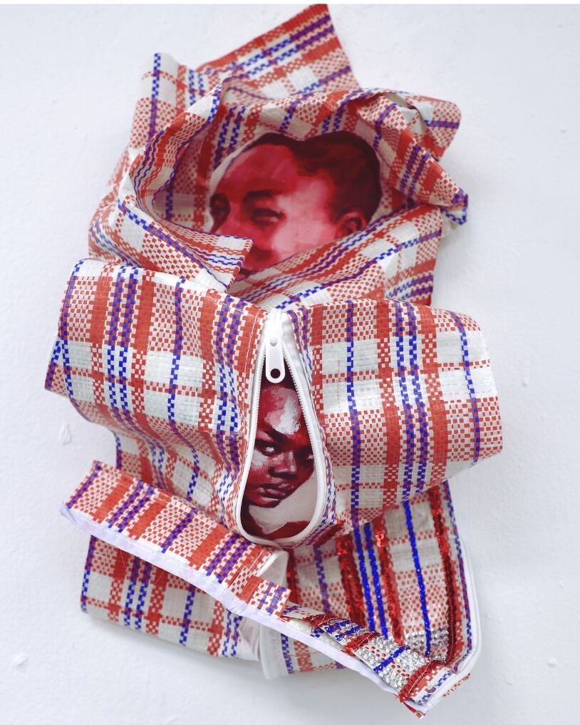 Odimba_Untitled_ acrylic, sequins and rhinesonescanvas and plaid bag_16x14x7 inches.jpg Odimba_Untitled_ acrylic, sequins and rhinesonescanvas and plaid bag_16x14x7 inches.jpg